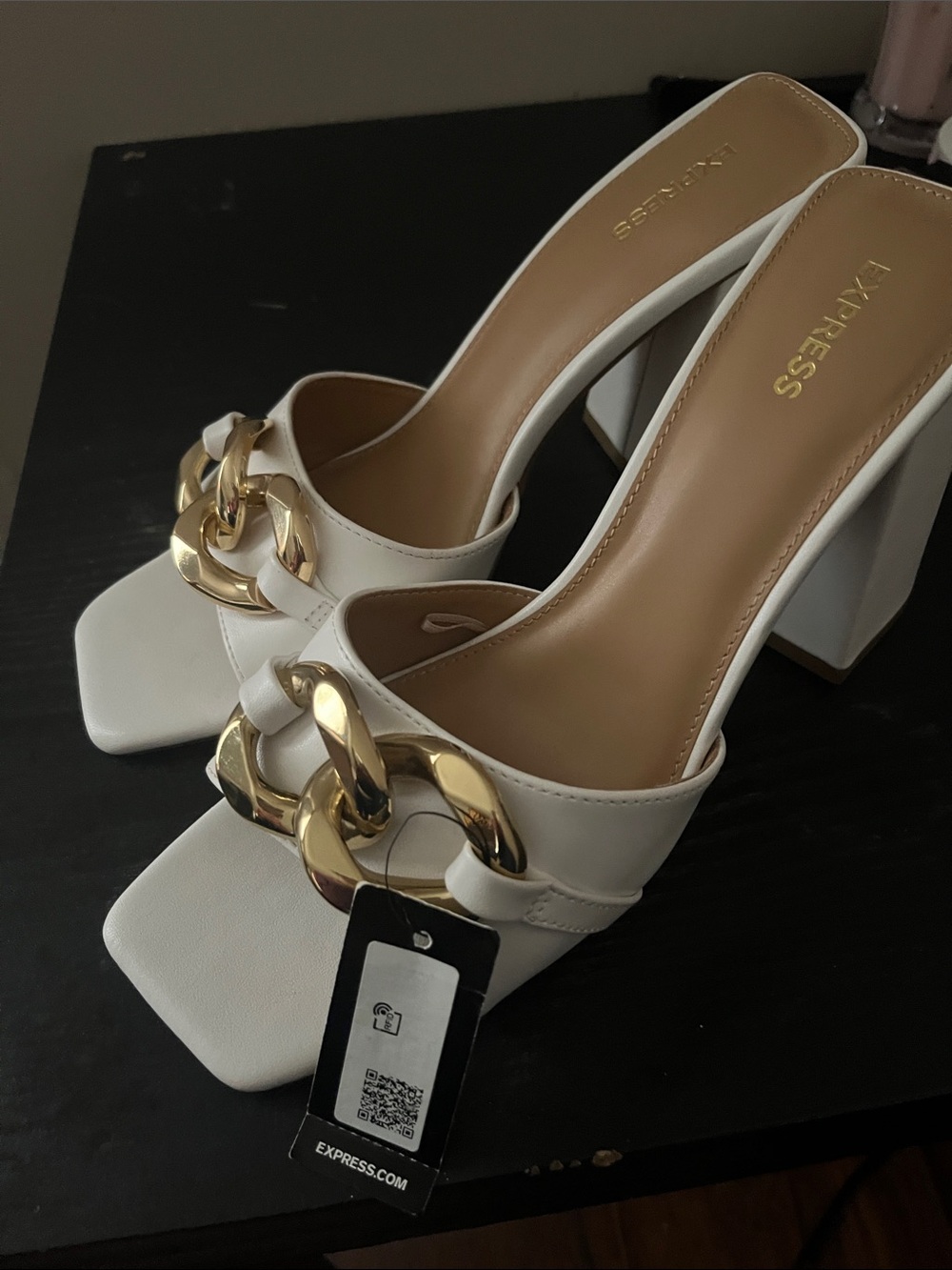 Express White Block Heel Mules with Gold Chain Detail